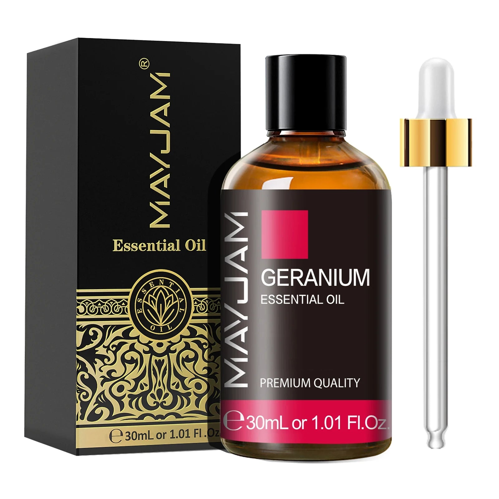 MayJam Geranium essential oil bottle with dropper and packaging on a white background