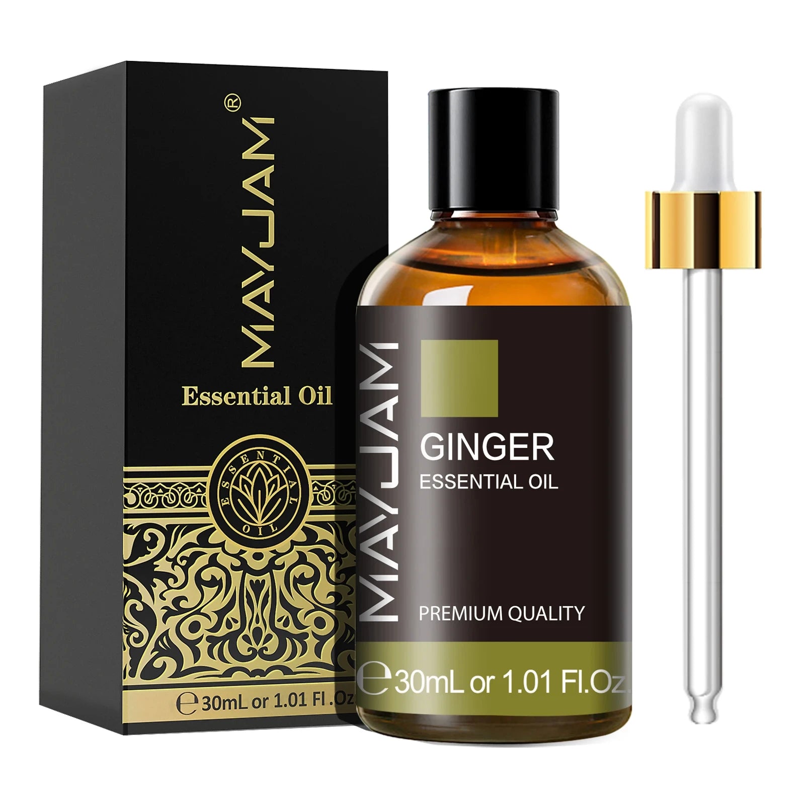 MayJam Ginger Essential Oil bottle and packaging on a white background