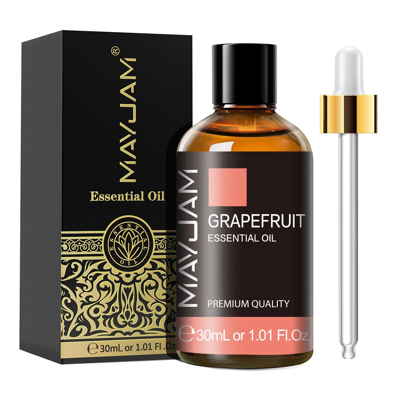 MayJam Grapefruit essential oil bottle with dropper and packaging on a white background