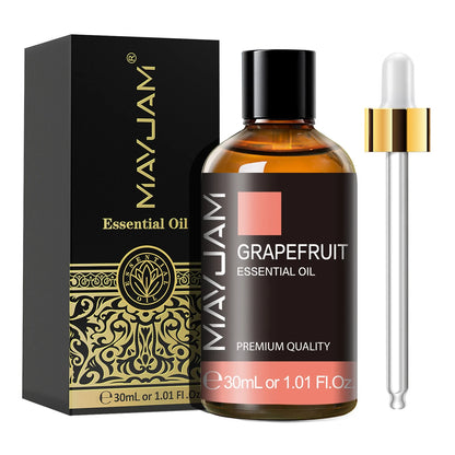 MayJam Grapefruit essential oil bottle with dropper and packaging on a white background