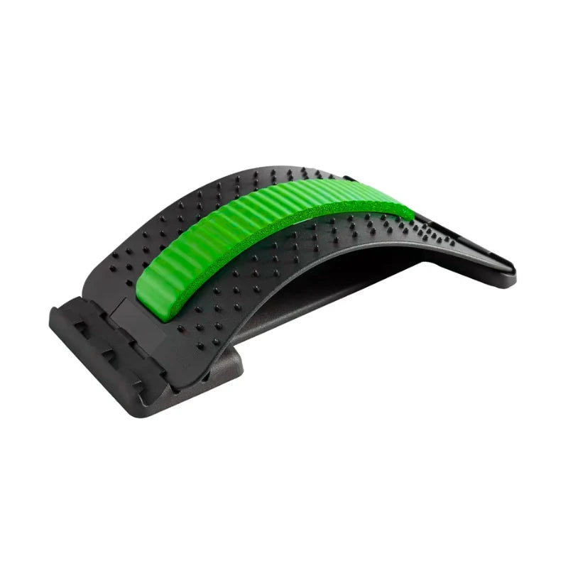 Black and green back stretcher device on a white background