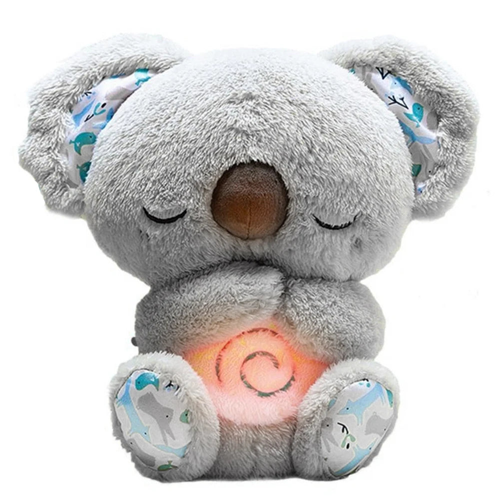 Plush toy koala with a glowing belly on a white background