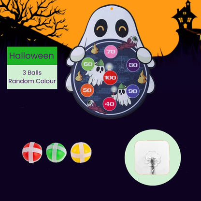 Children's target board toy shaped like a Halloween themed ghost with colorful sticky balls and mounting hook on a white background
