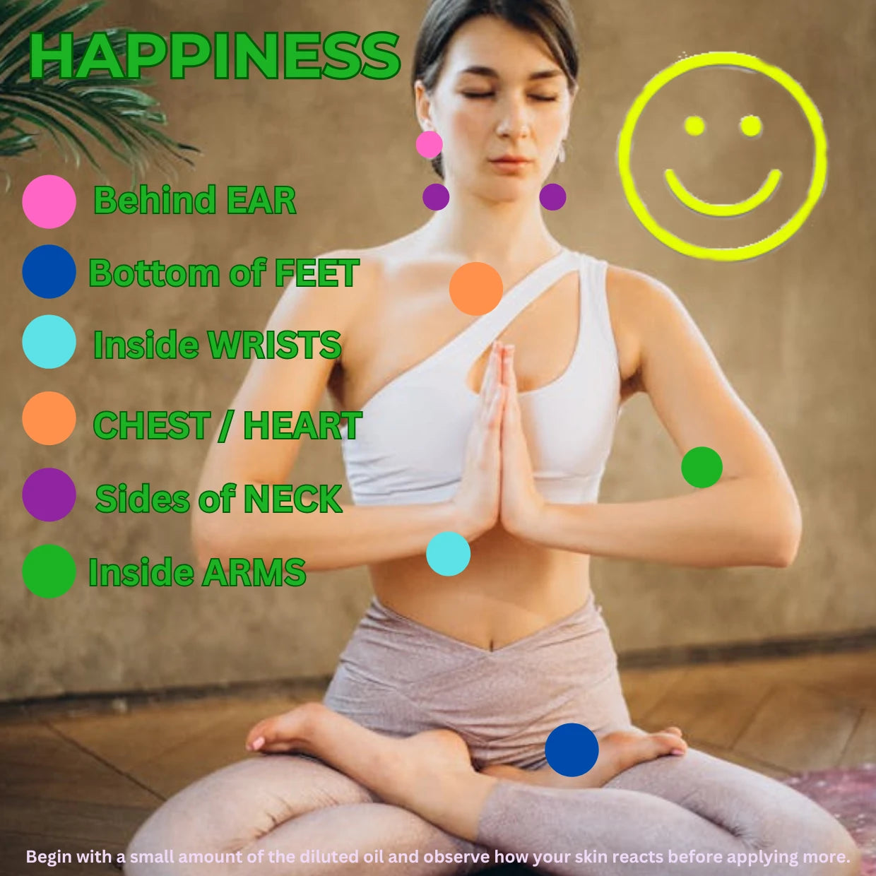 Woman in a yoga pose with points on her body indicating where to apply oil for different areas of the body.