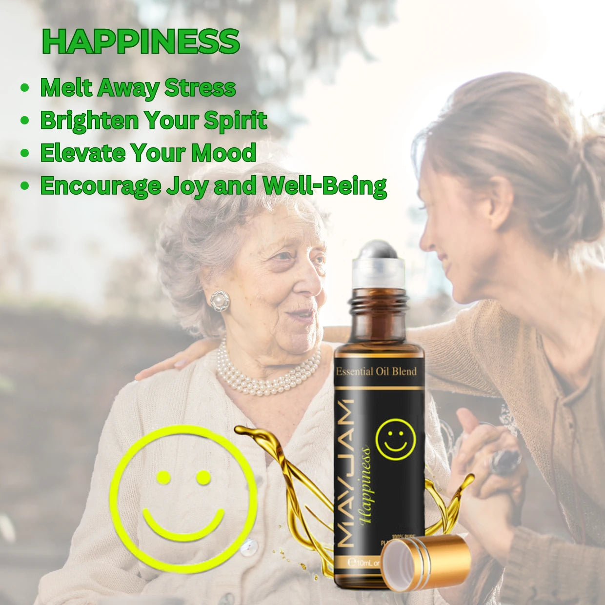 Bottle of MayJam Happiness essential oil blend with two people smiling outdoors.