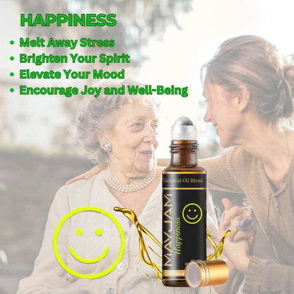 Bottle of MayJam Happiness essential oil blend with two people smiling outdoors.