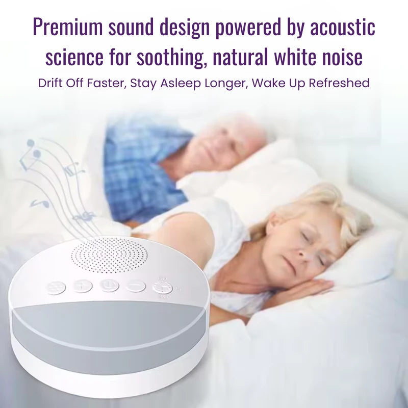white noise machine with text about acoustic science and sleep benefits, shown with a person sleeping.