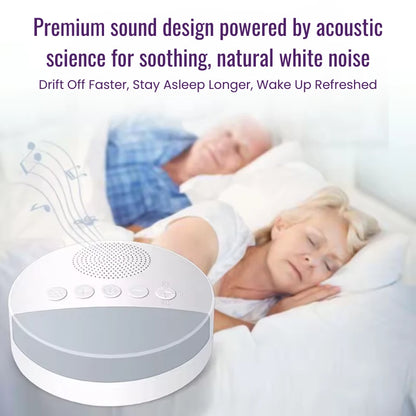 white noise machine with text about acoustic science and sleep benefits, shown with a person sleeping.