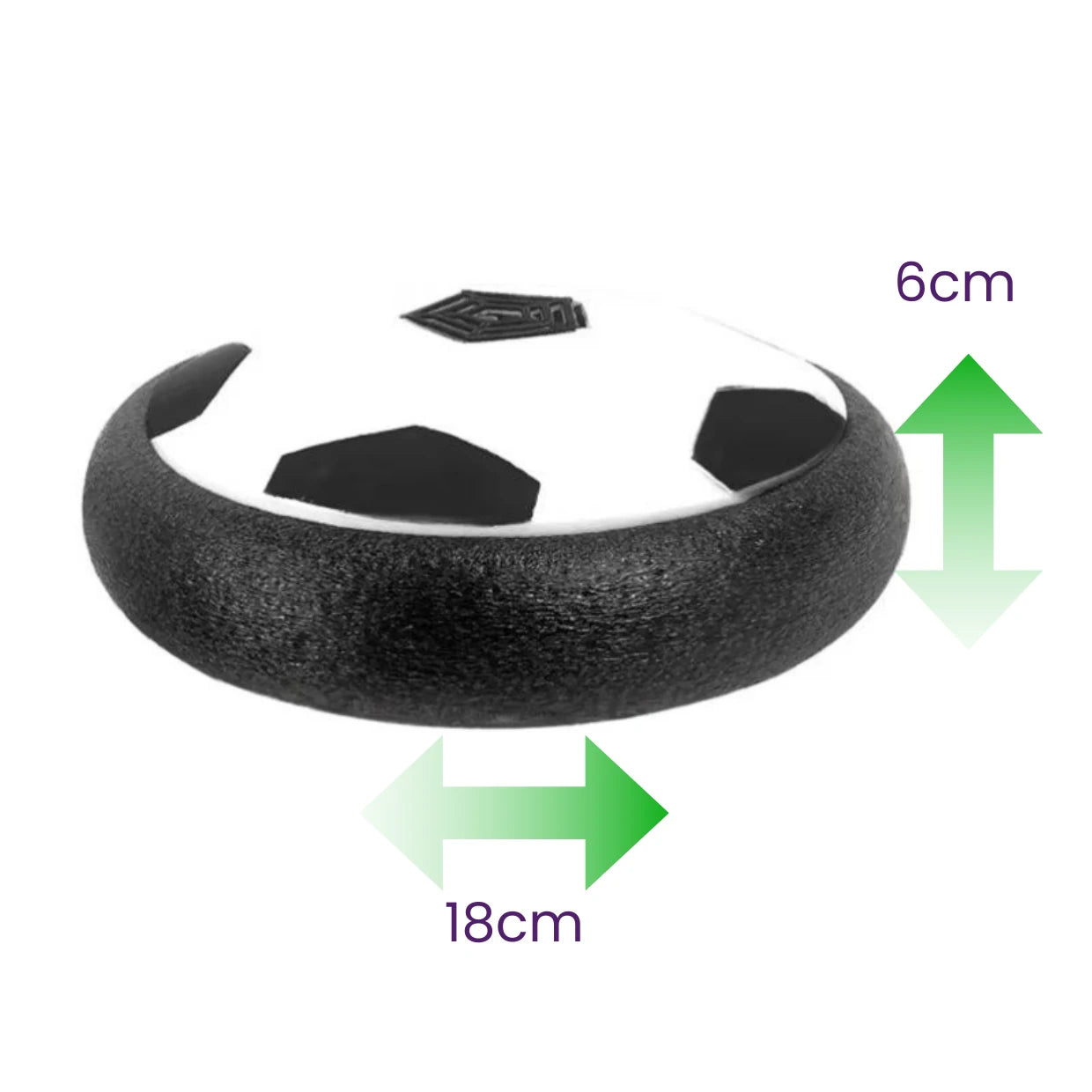 hover soccer ball with measurements indicated on a white background
