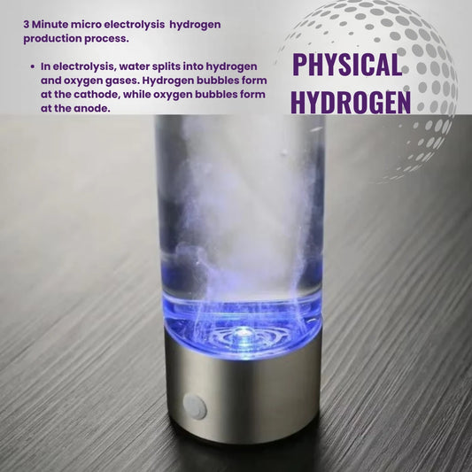 Hydrogen production device with water splitting process text on a wooden surface