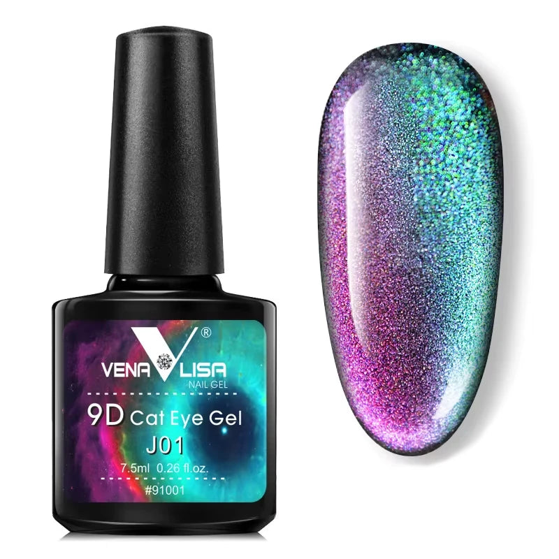 A bottle J01 9D Cat Eye Gel with an example of nail gel swatch on a white background
