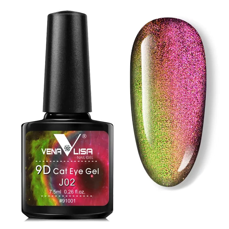 A bottle J02 9D Cat Eye Gel with an example of nail gel swatch on a white background