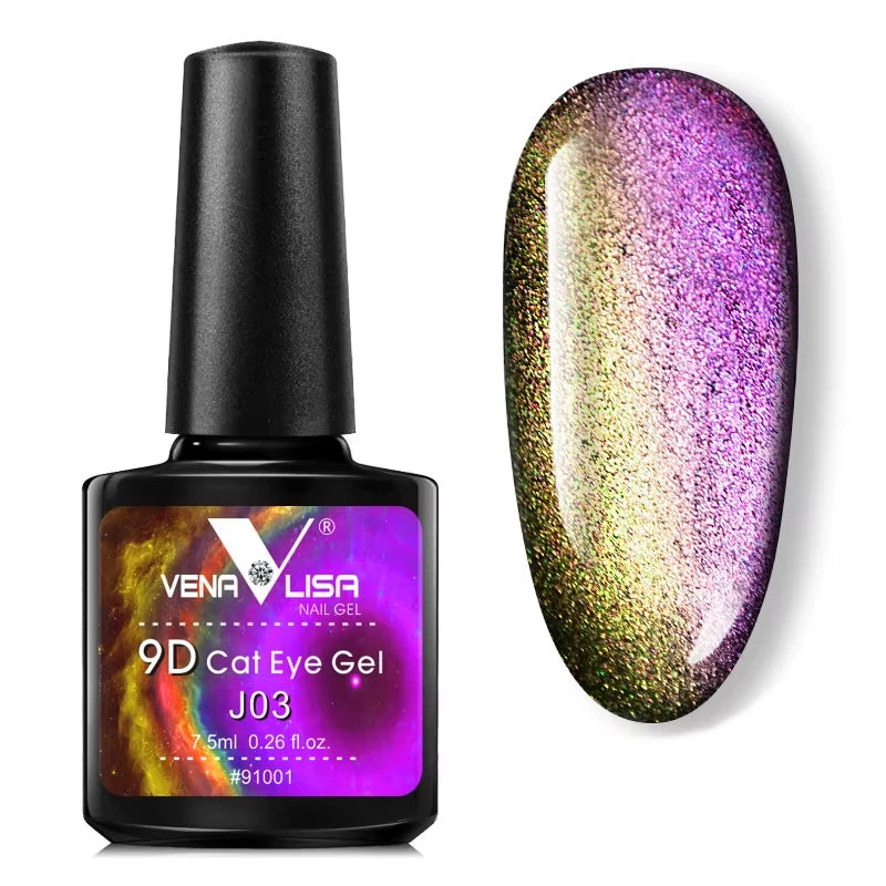 A bottle J03 9D Cat Eye Gel with an example of nail gel swatch on a white background