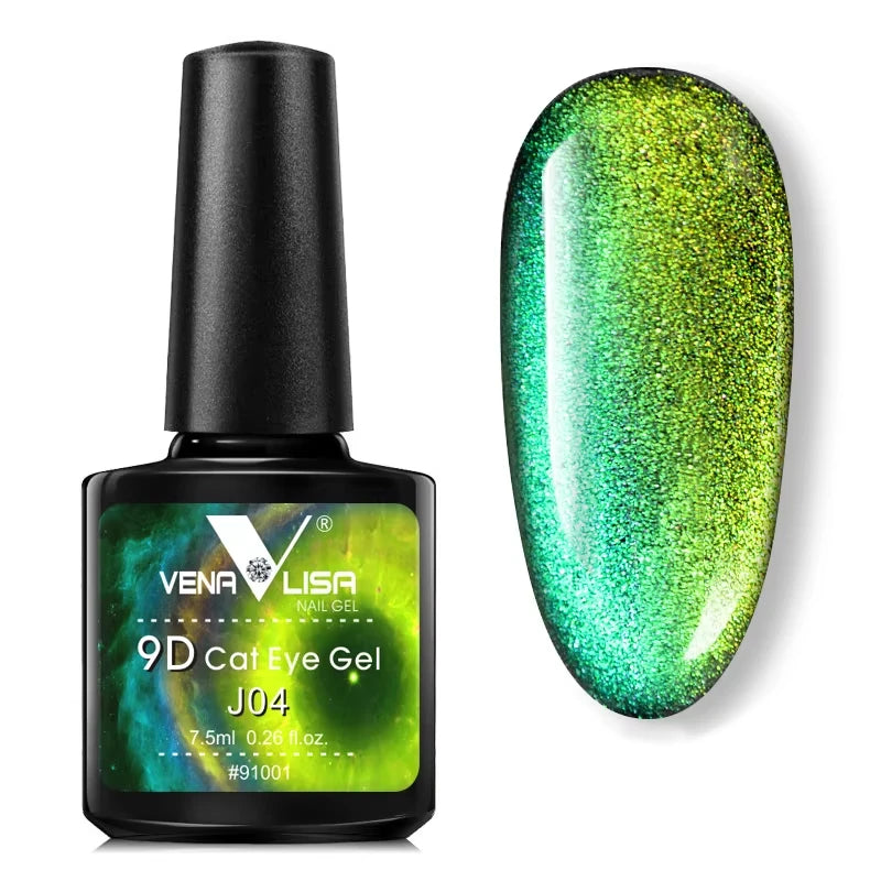 A bottle J04 9D Cat Eye Gel with an example of nail gel swatch on a white background