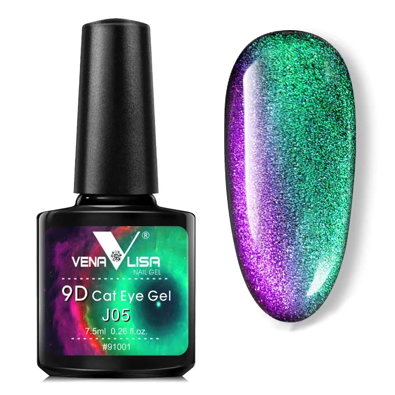 A bottle J05 9D Cat Eye Gel with an example of nail gel swatch on a white background