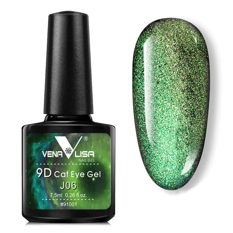 A bottle J06 9D Cat Eye Gel with an example of nail gel swatch on a white background