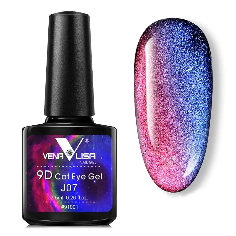 A bottle J07 9D Cat Eye Gel with an example of nail gel swatch on a white background