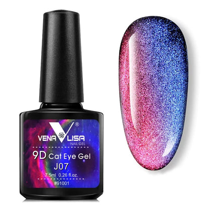 A bottle J07 9D Cat Eye Gel with an example of nail gel swatch on a white background