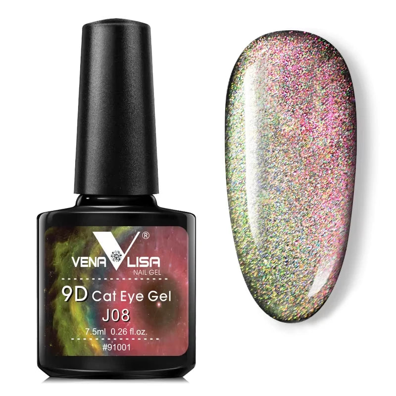 A bottle J08 9D Cat Eye Gel with an example of nail gel swatch on a white background