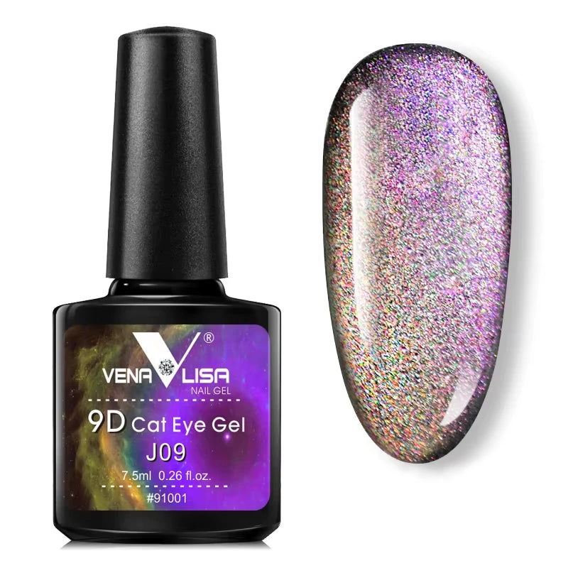 A bottle J09 9D Cat Eye Gel with an example of nail gel swatch on a white background