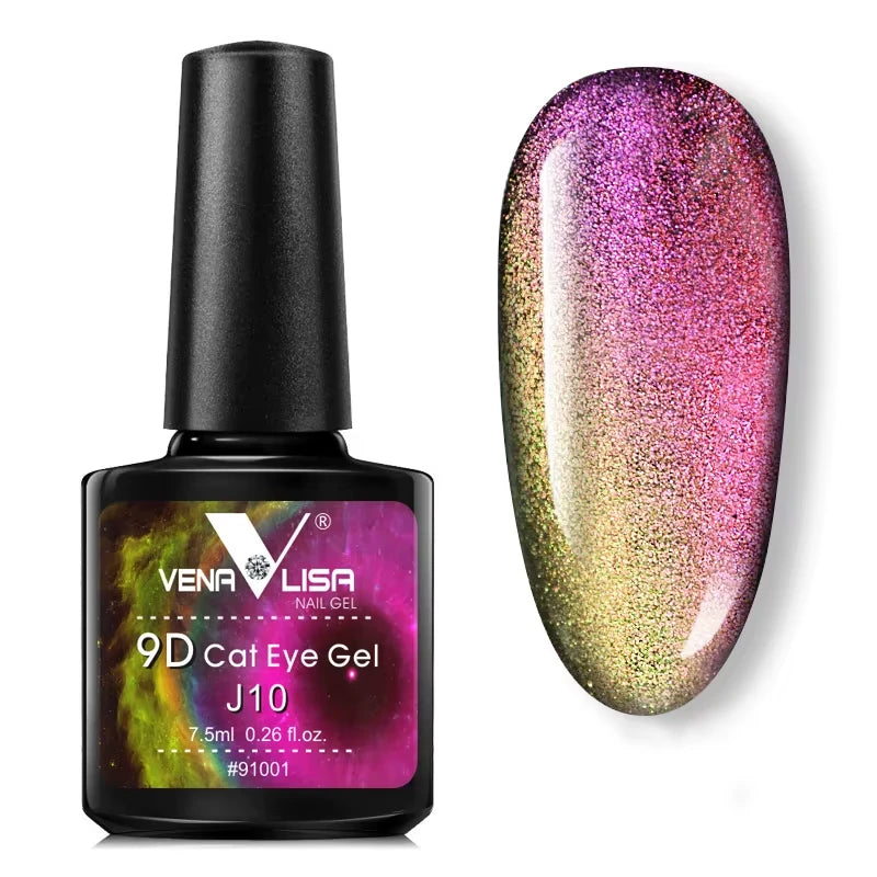 A bottle J10 9D Cat Eye Gel with an example of nail gel swatch on a white background