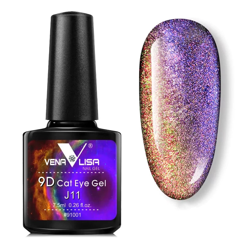A bottle J11 9D Cat Eye Gel with an example of nail gel swatch on a white background