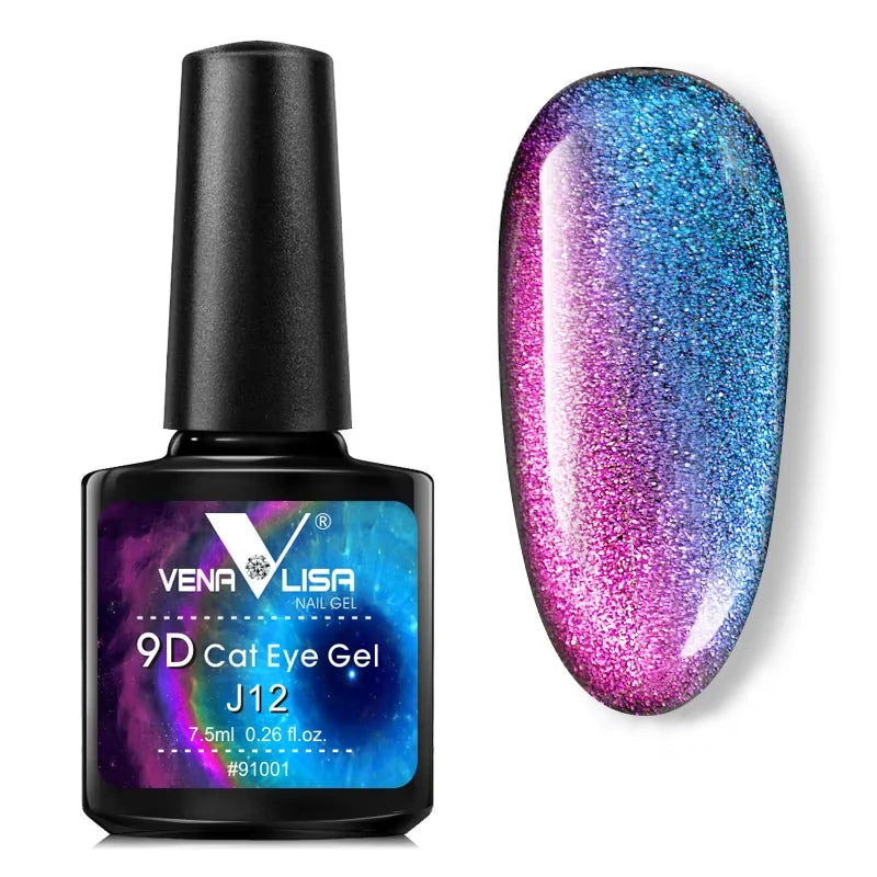 A bottle J12 9D Cat Eye Gel with an example of nail gel swatch on a white background