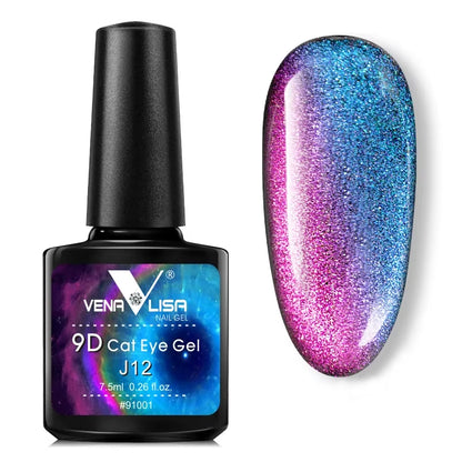 A bottle J12 9D Cat Eye Gel with an example of nail gel swatch on a white background