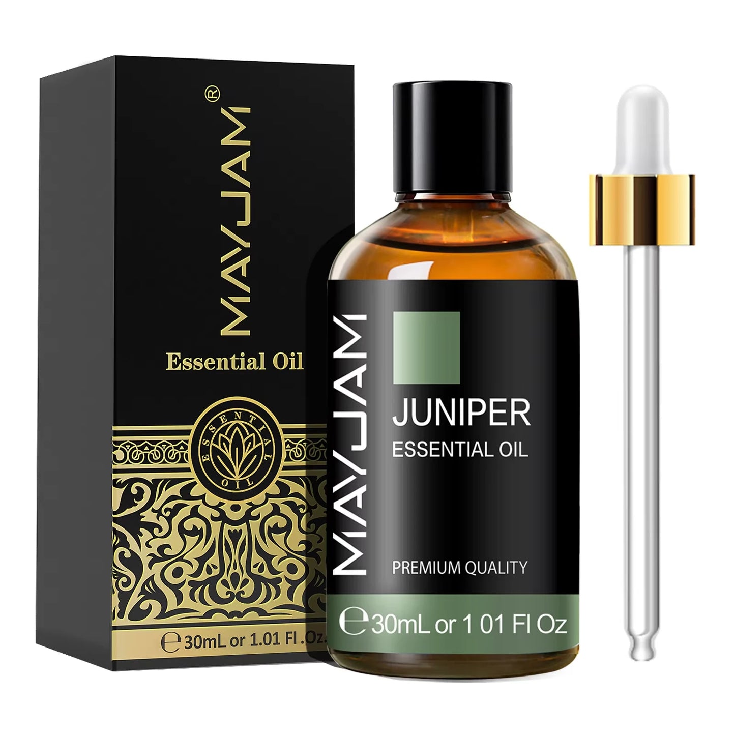 MayJam Juniper essential oil bottle with packaging and dropper on a white background