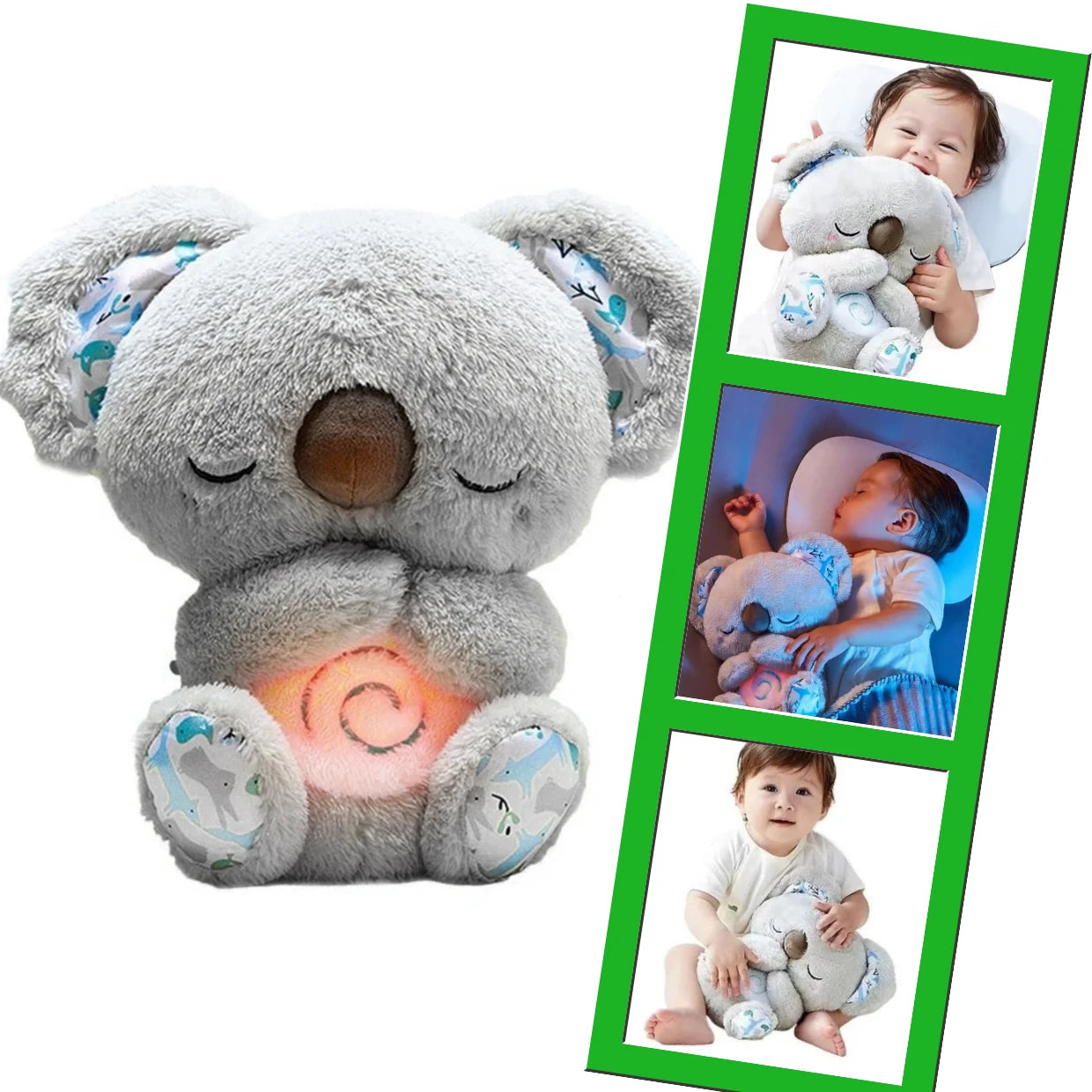 Plush breathing koala with a glowing orange light on tummy showing babies holding it on a white background