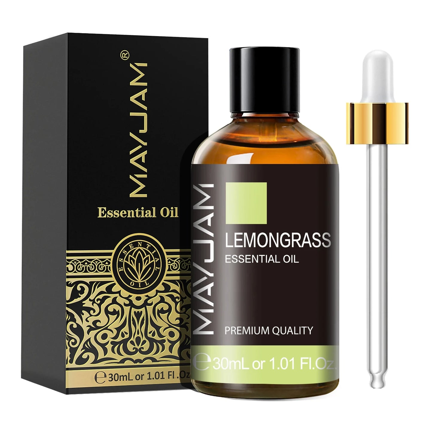MayJam Lemongrass essential oil bottle with dropper and packaging on a white background