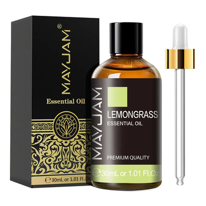 MayJam Lemongrass essential oil bottle with dropper and packaging on a white background