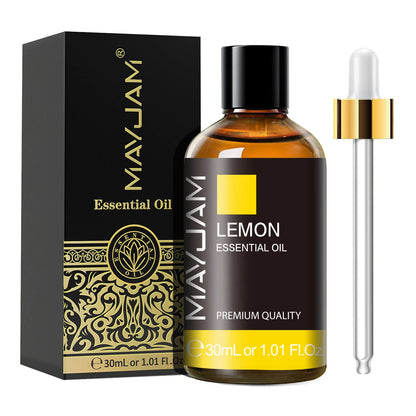 MayJam Lemon Essential Oil bottle with dropper and packaging on a white background
