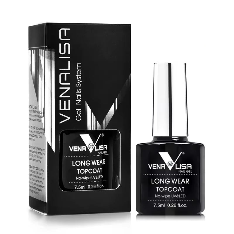 Long wear nail gel topcoat packaging and bottle on a white background