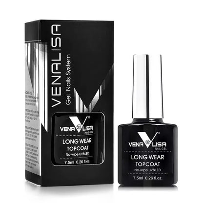 Long wear nail gel topcoat packaging and bottle on a white background