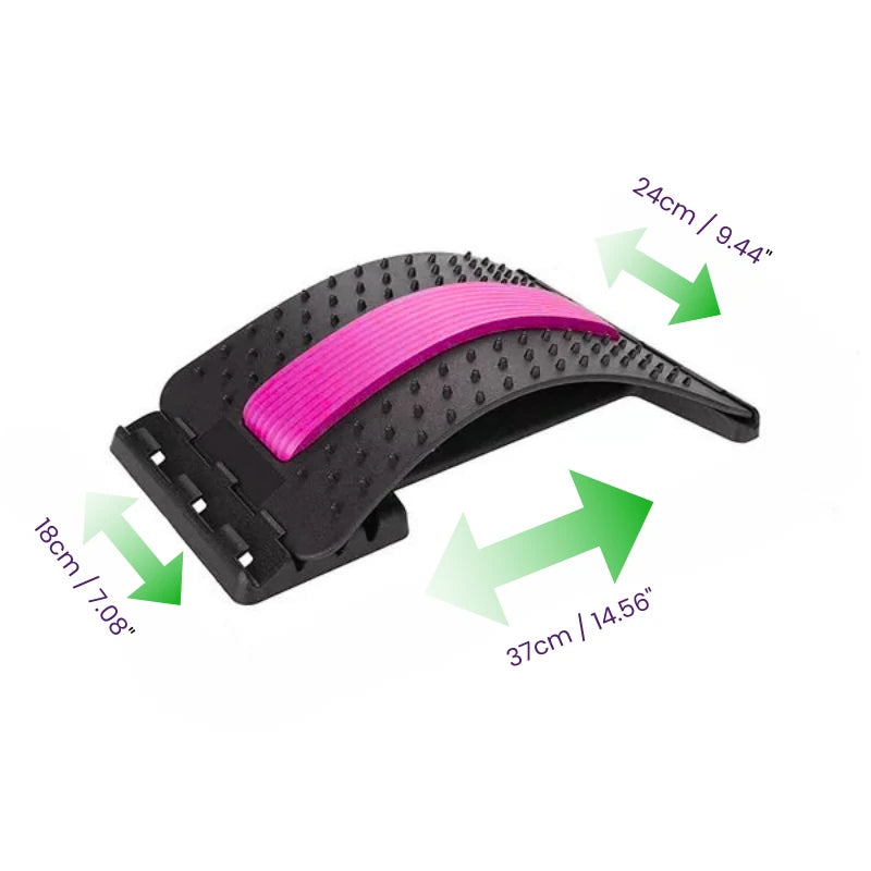 Black and pink back stretcher with measurements on a white background
