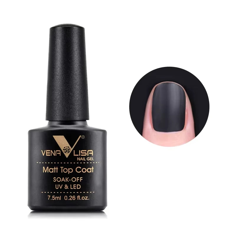 Nail gel matt top coat bottle with a close-up of a matt black nail on a white background