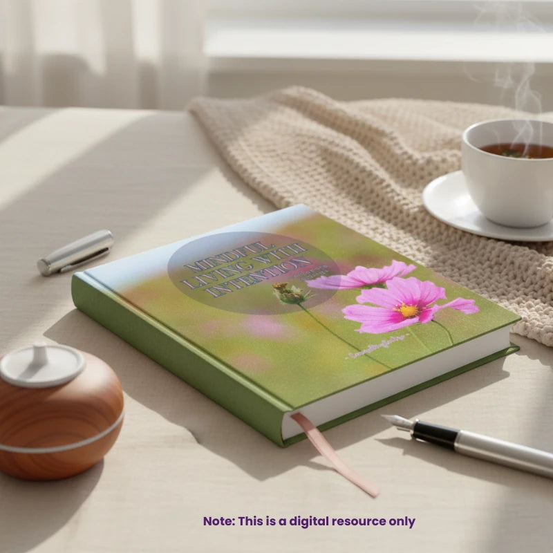 eBook with floral design on a table with a cup of tea and diffuser
