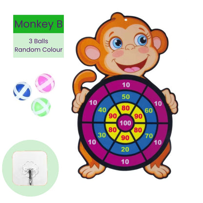 Children's target board toy shaped like a monkey with colorful sticky balls and mounting hook on a white background