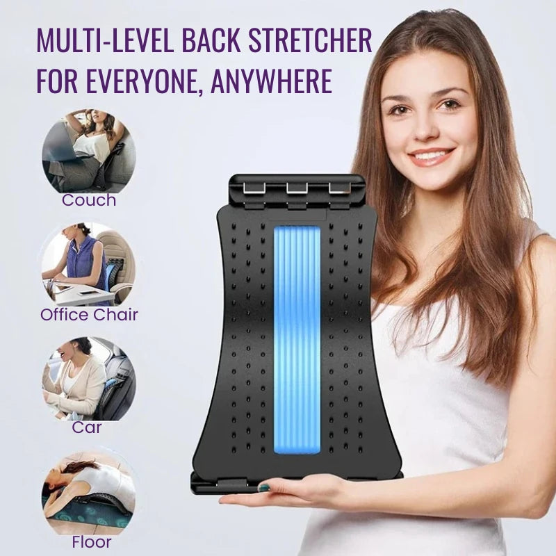 Woman holding a multi-level back stretcher with usage scenarios on a light gray background