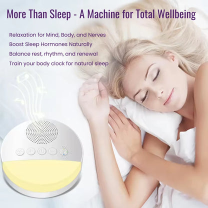 Woman sleeping with a white noise machine labeled 'More Than Sleep' for total wellbeing.