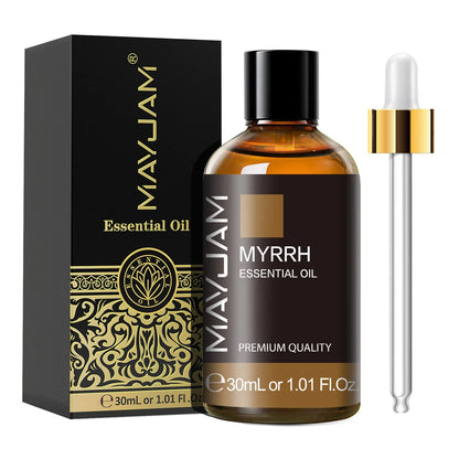 MayJam Myrrh essential oil bottle and packaging on a white background