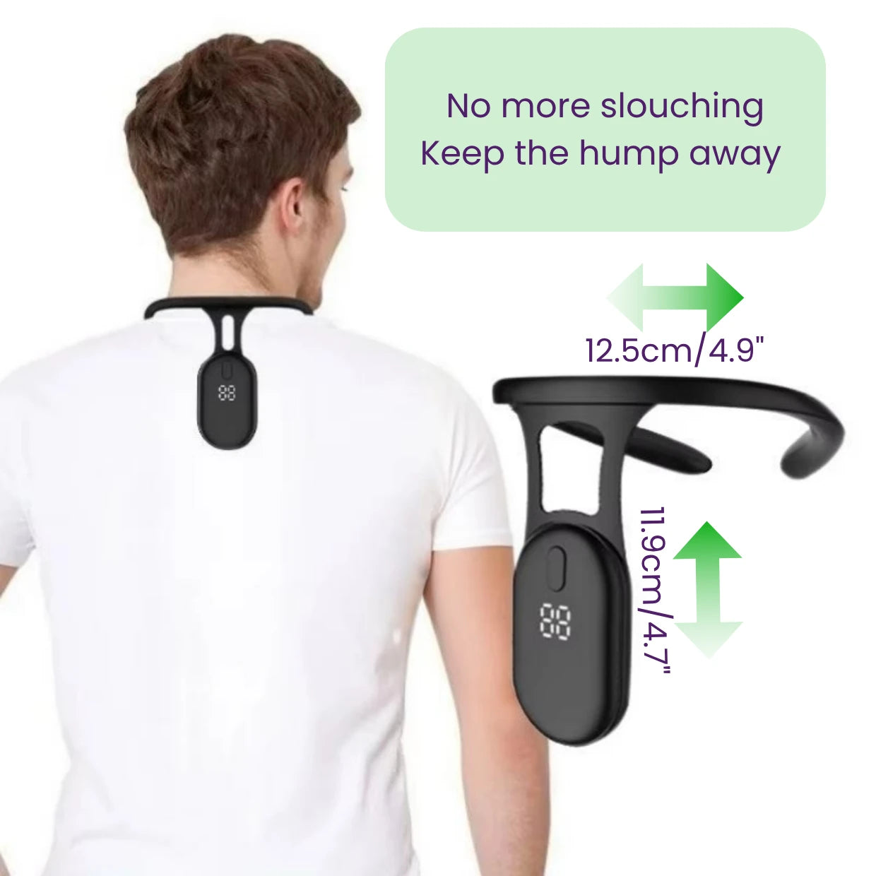 Posture Corrector worn by a male person with measurements and dimensions indicated on a white background