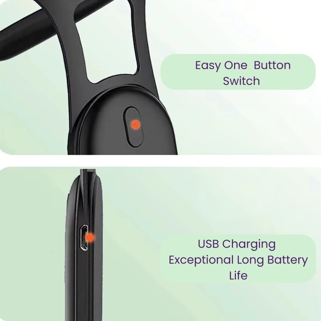 Close-up of a posture corrector with an easy one-button switch and USB charging port on a light green background.