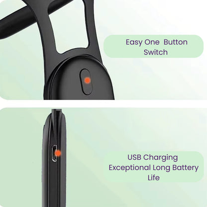 Close-up of a posture corrector with an easy one-button switch and USB charging port on a light green background.