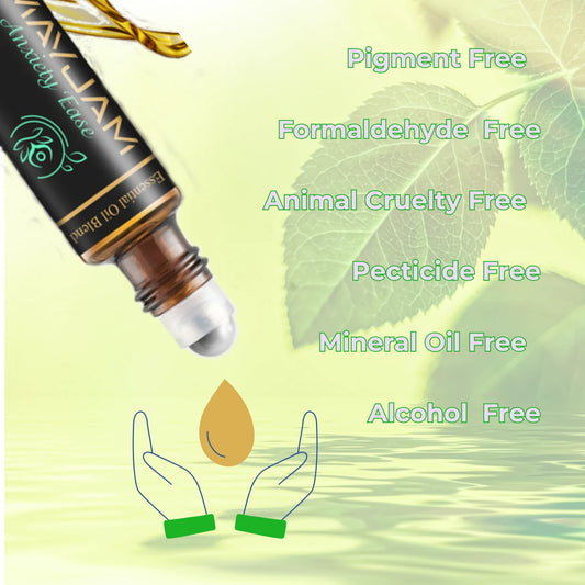Essential oil roller with green leaf background and 'Pigment Free and other' text