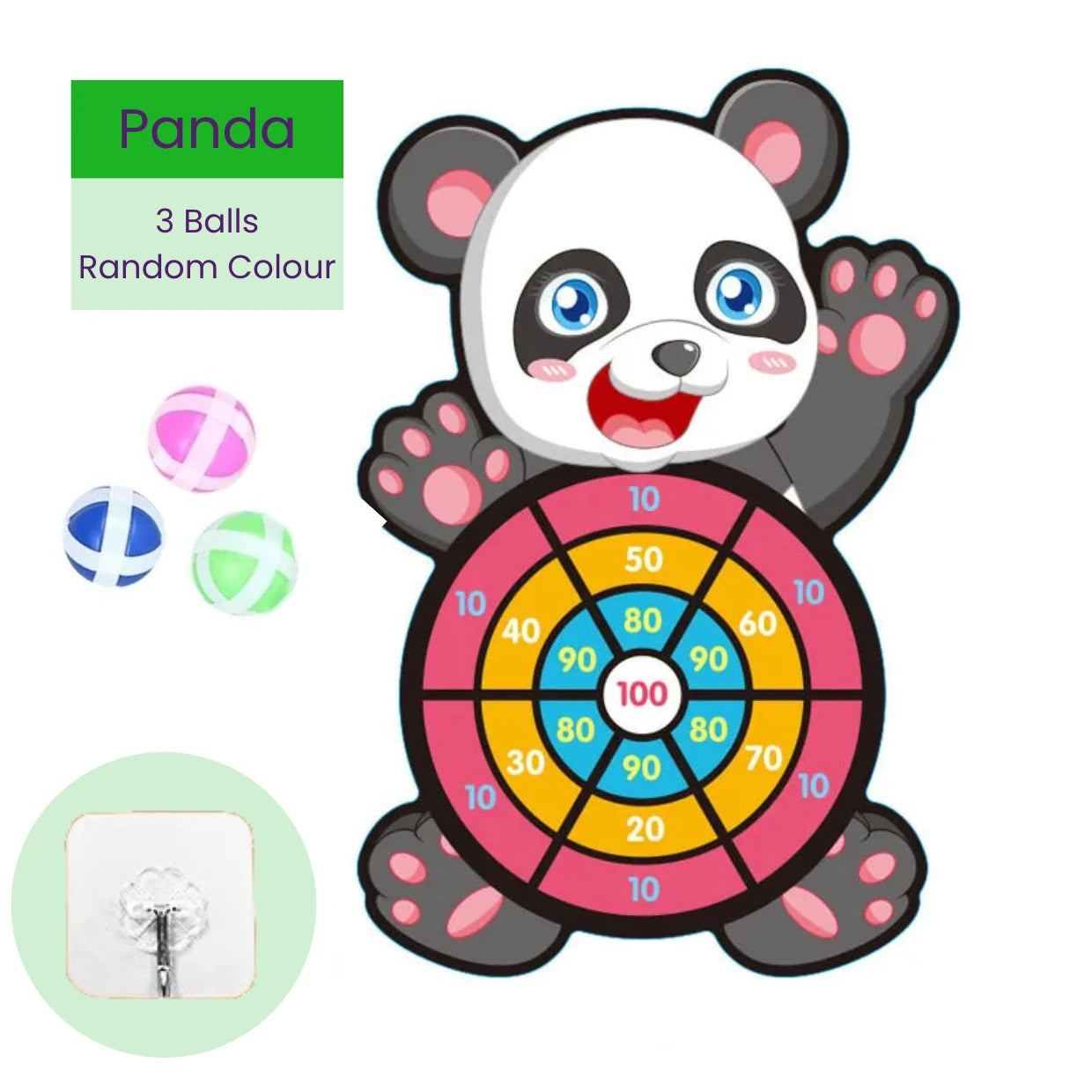Children's target board toy shaped like a panda with colorful sticky balls and mounting hook on a white background