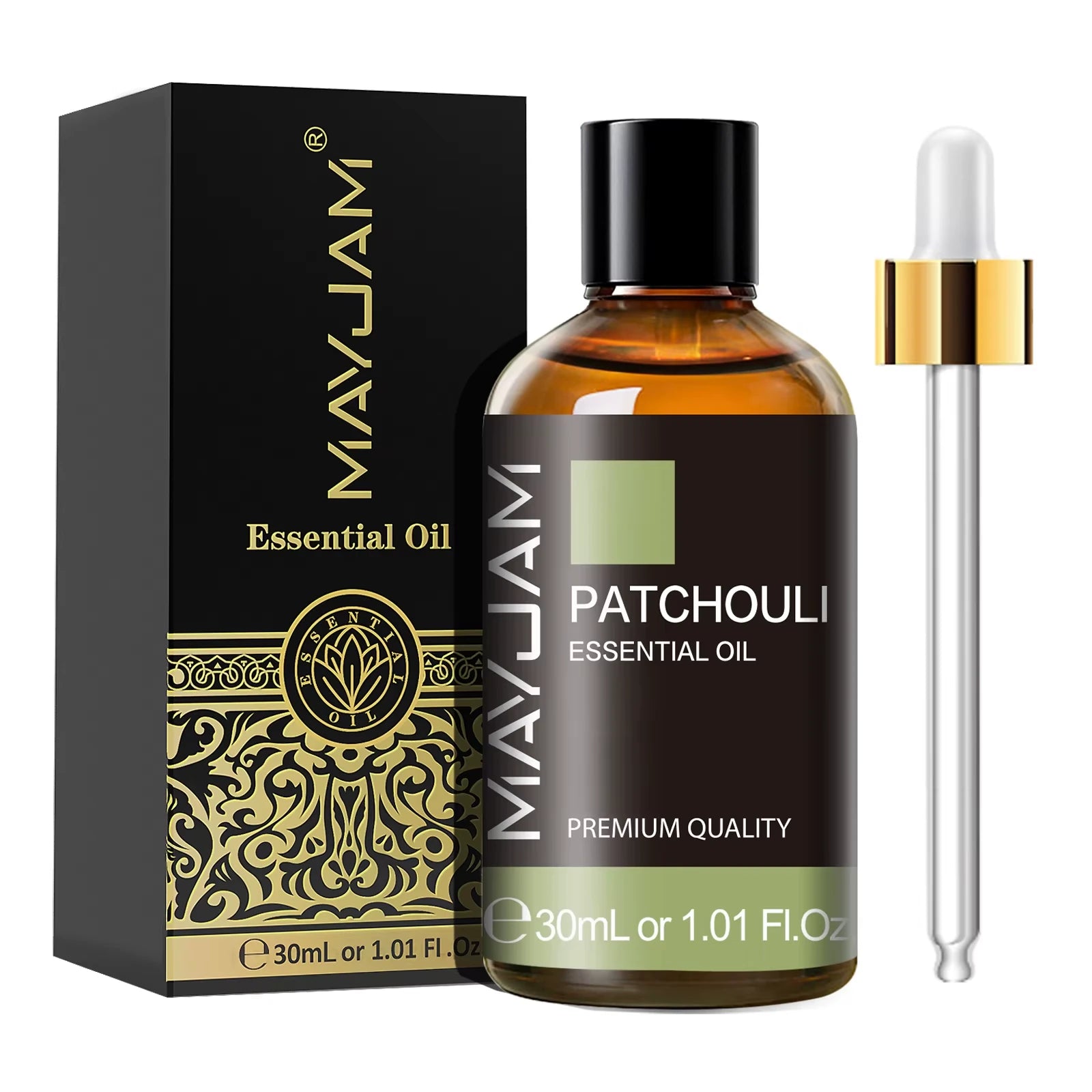 MayJam Patchouli essential oil bottle with dropper and packaging on a white background