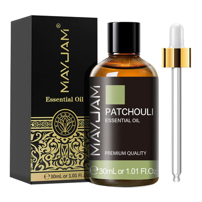MayJam Patchouli essential oil bottle with dropper and packaging on a white background