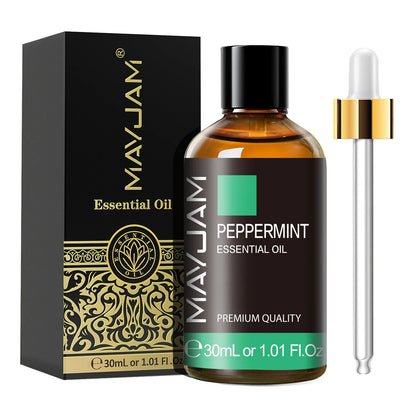 MayJam peppermint essential oil bottle with dropper and packaging on a white background